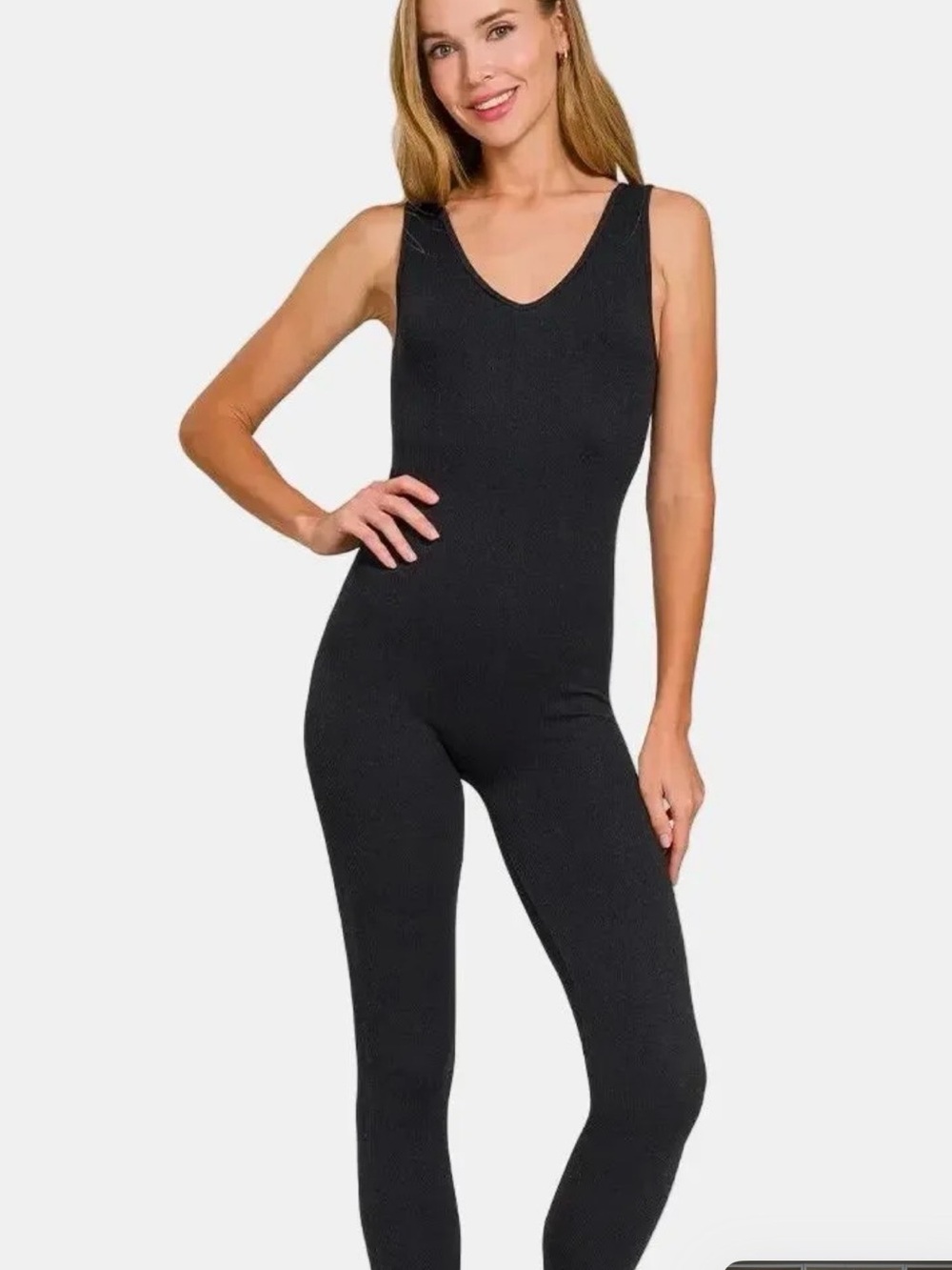 Zenana Sleek Black Ribbed Sleeveless Jumpsuit